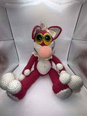 Handmade Amigurumi Pink Cat Plush with Lace Collar and Bow
